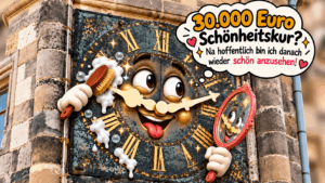 Fröhliche Turmuhr bei der Schönheitskur (Symbolbild AI ABG-Info)